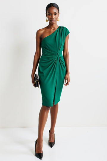 One Shoulder Ruched Green Sheath Work Dress